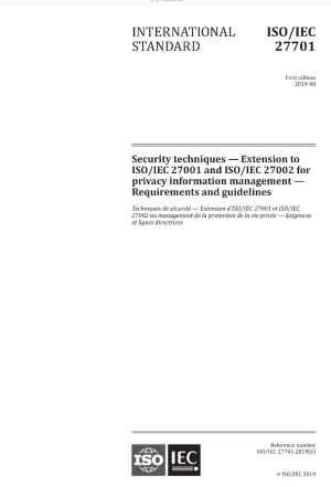 (International Standard) ISO_IEC JTC 1_SC 27 Information security, cybersecurity and privacy protection - [ISO_IEC 27701_2019] Security techniques