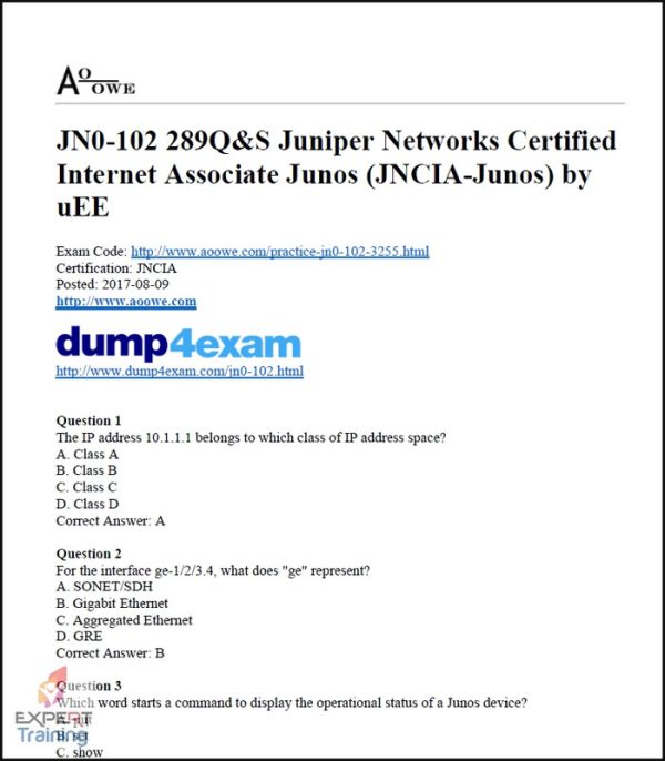 JN0-102 289Q S Juniper Networks Certified Internet Associate Junos